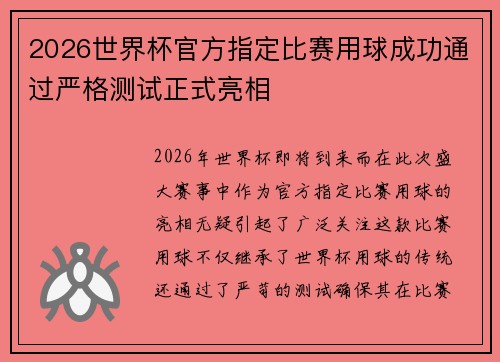 2026世界杯官方指定比赛用球成功通过严格测试正式亮相 2026世界杯官方指定比赛用球成功通过严格测试正式亮相
